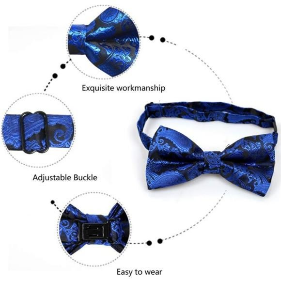 Men's Blue Tie Set Classic Paisley Bow Tie Hanky Cufflinks Set Gift for Him Men - Picture 3 of 4